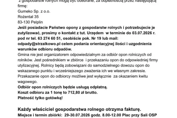 Gmina Strzałkowo organizuje odbiór opon rolniczych – sprawdź warunki